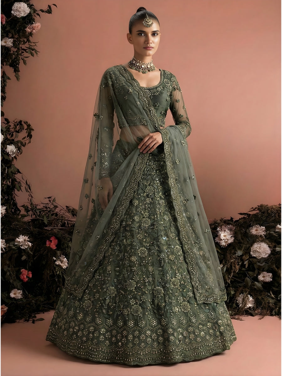Olive Green Color Heavy Embroidered Net Lehenga Choli With Dupatta