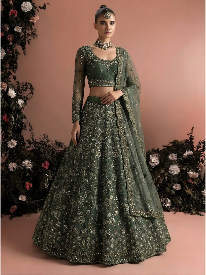 Olive Green Color Heavy Embroidered Net Lehenga Choli With Dupatta
