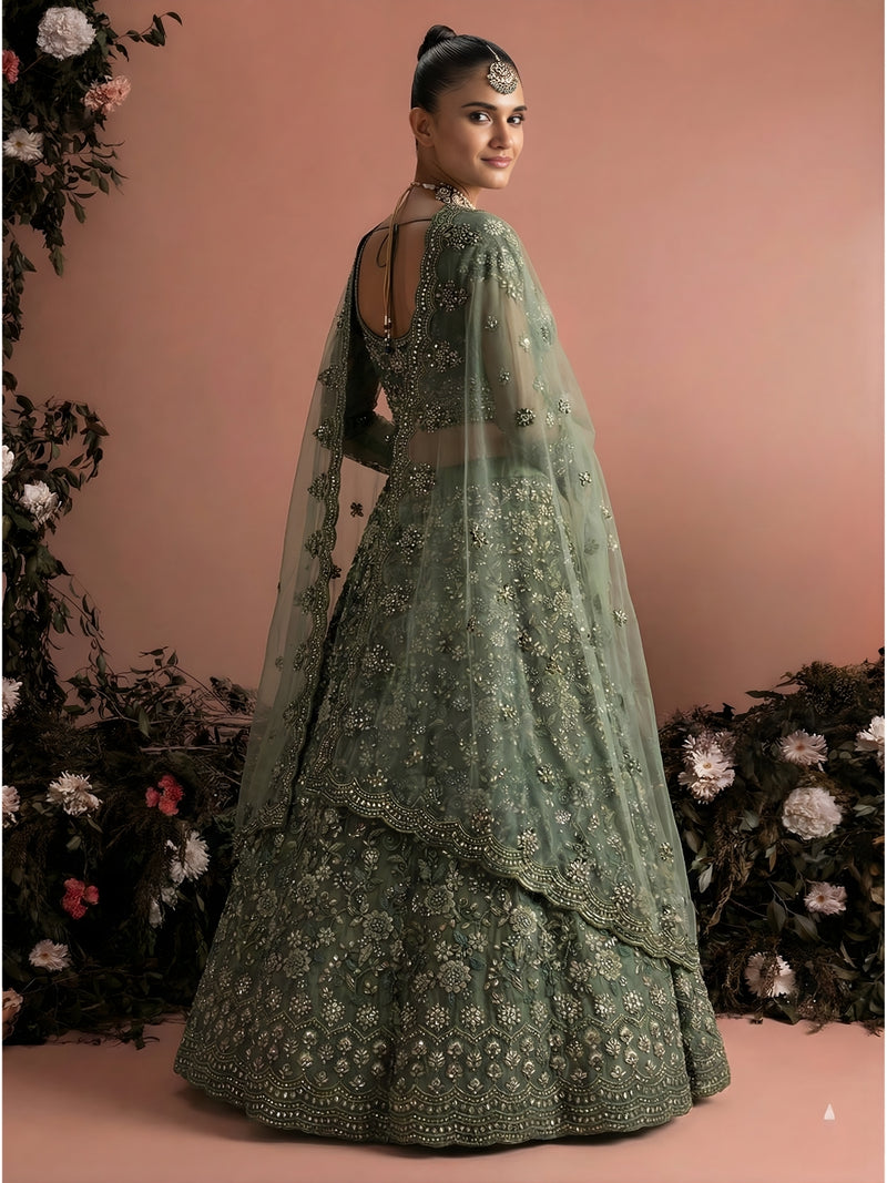 Olive Green Color Heavy Embroidered Net Lehenga Choli With Dupatta