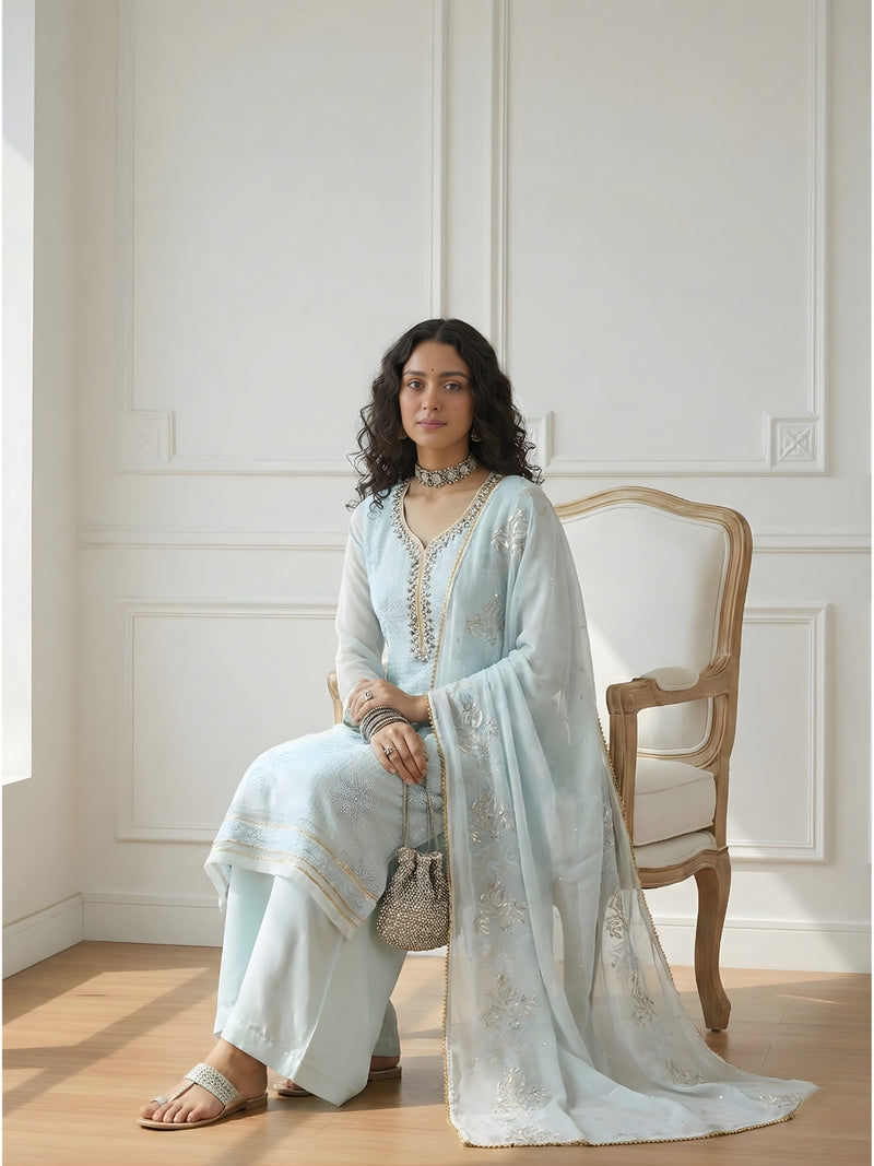 Alizeh Powder Blue Embroidered Pakistani Pant Set