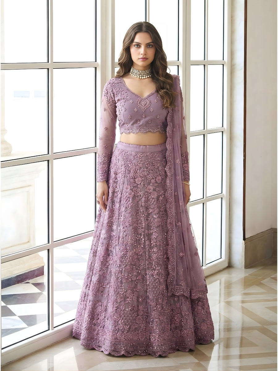 Purple Color Heavy Embroidered Net Lehenga Choli With Dupatta