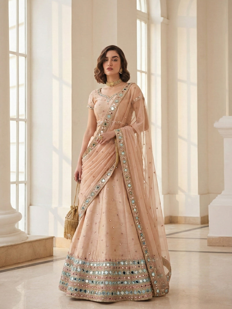 Soft Peach Mirror-Work Lehenga Set