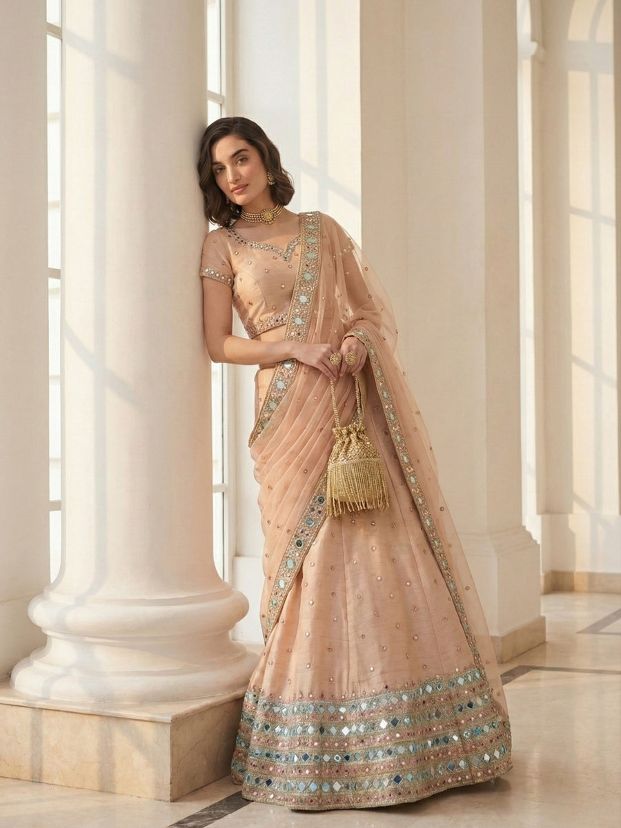 Soft Peach Mirror-Work Lehenga Set