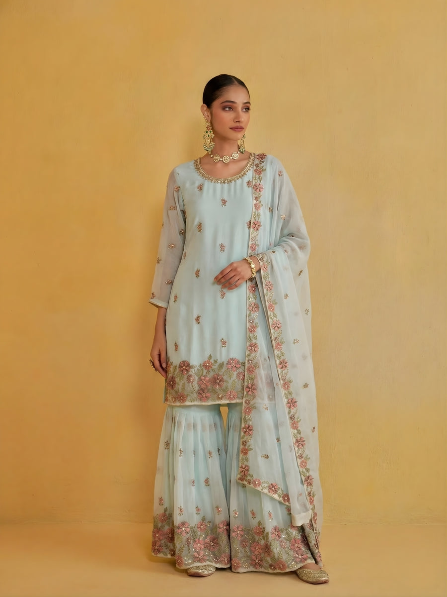 Powder Blue Embroidered Sharara Set
