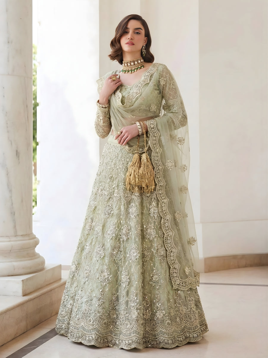 Pista Green Color Heavy Embroidered Net Lehenga Choli With Dupatta