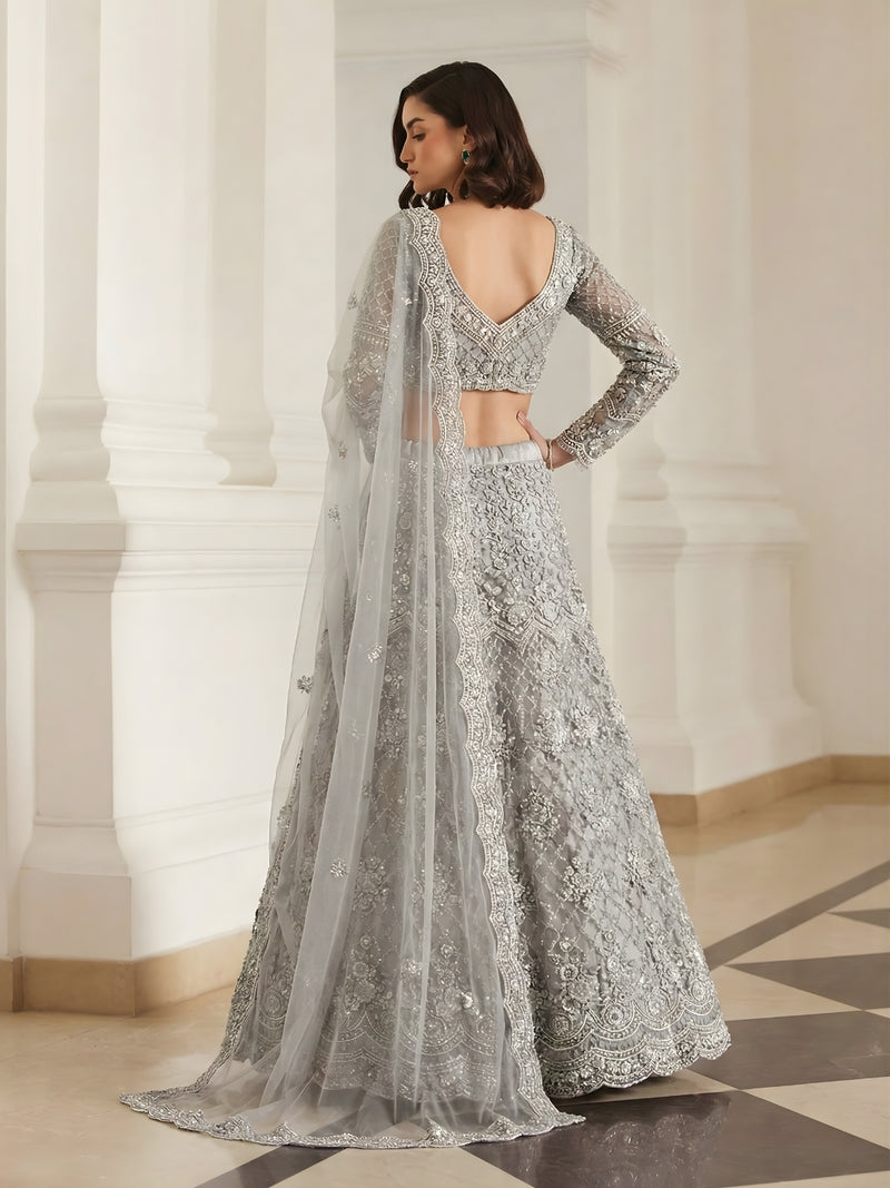 Grey Color Heavy Embroidered Net Lehenga Choli With Dupatta