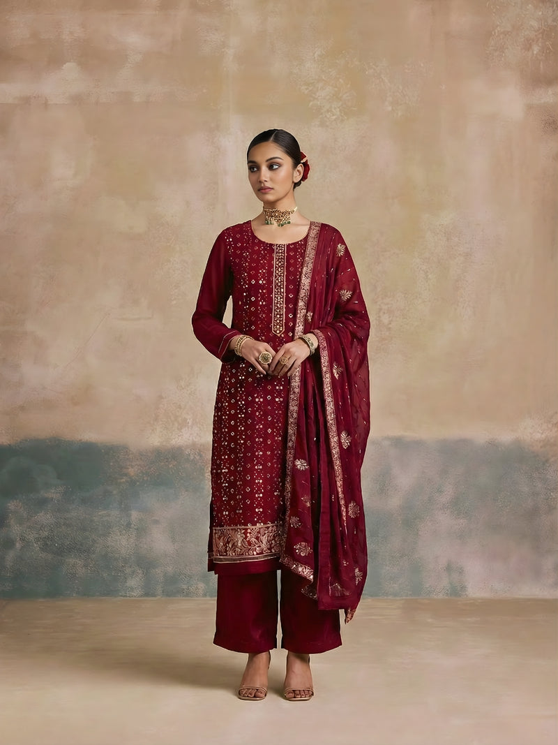 Royal Magenta Embroidered Georgette Palazzo Suit Set
