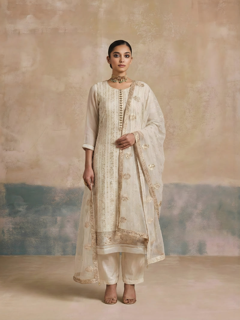 Ivory Grace Embroidered Georgette Palazzo Suit with Banarasi Border Dupatta