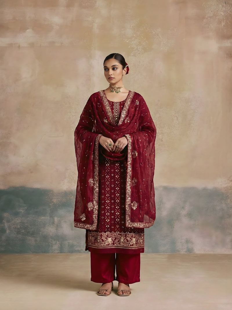 Royal Magenta Embroidered Georgette Palazzo Suit Set