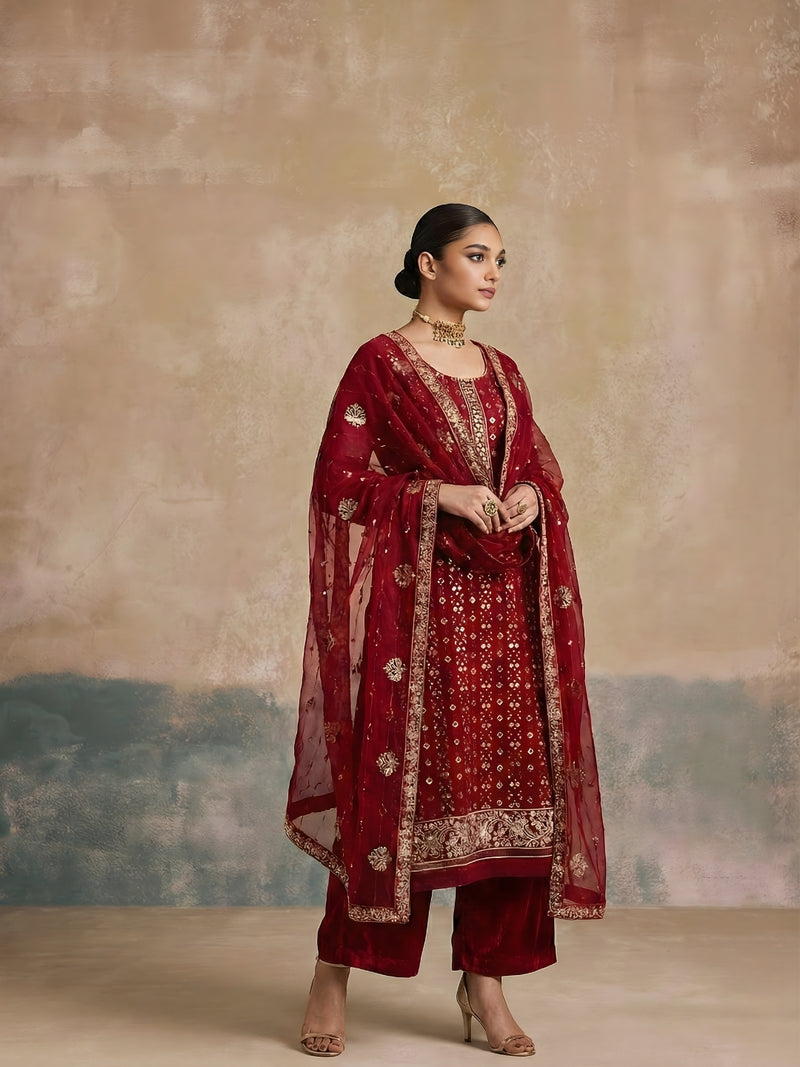 Royal Wine Embroidered Georgette Palazzo Suit Set