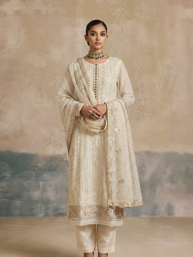Ivory Grace Embroidered Georgette Palazzo Suit with Banarasi Border Dupatta