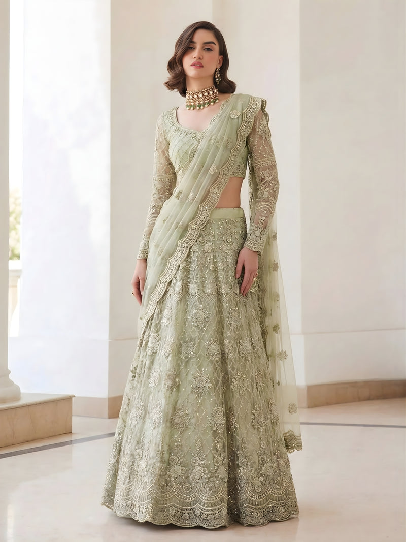 Pista Green Color Heavy Embroidered Net Lehenga Choli With Dupatta