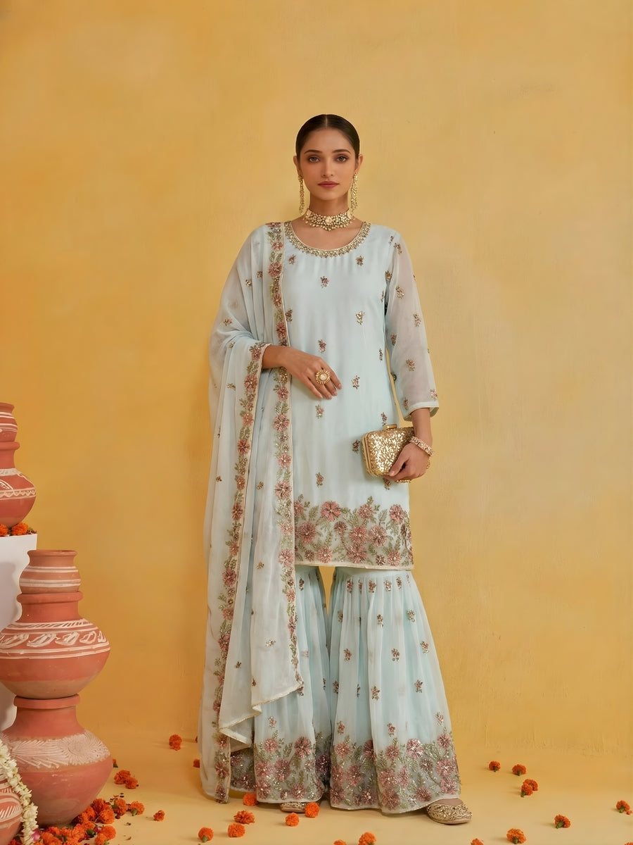 Powder Blue Embroidered Sharara Set