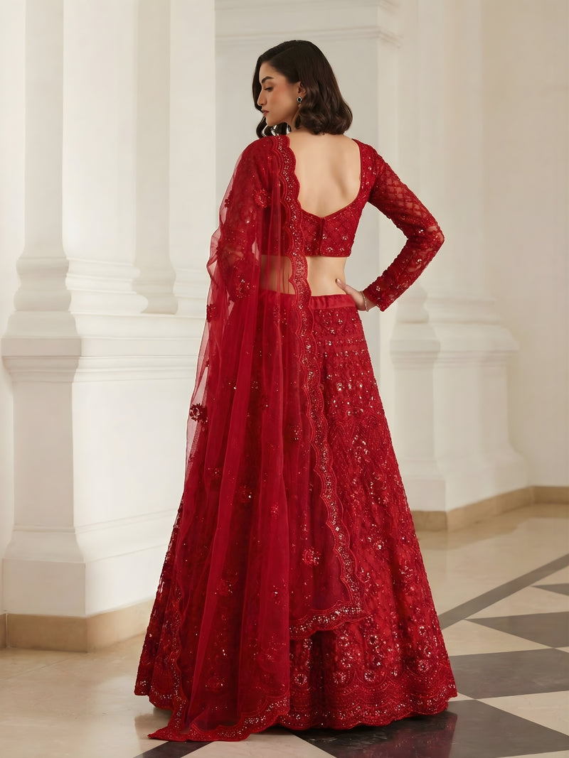 Red Color Heavy Embroidered Net Lehenga Choli With Dupatta