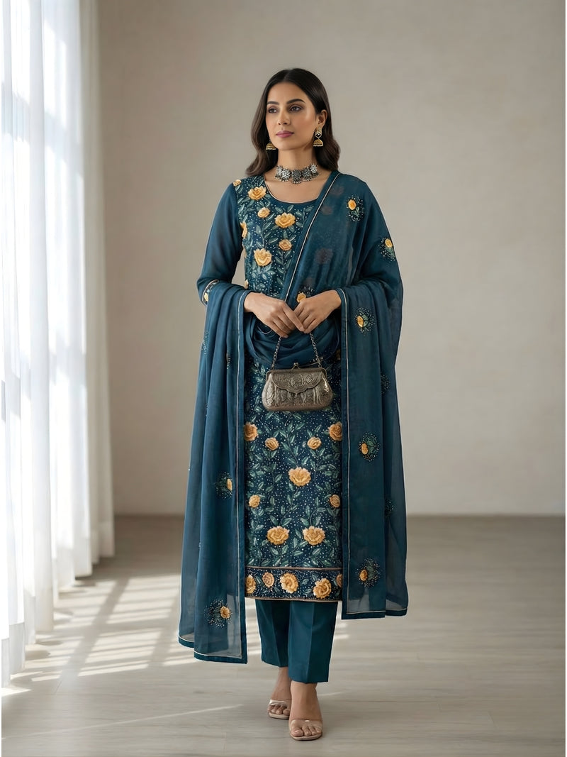 Alizeh Zaida Cerulean Blue Heavy Embroidered Georgette Palazzo Set
