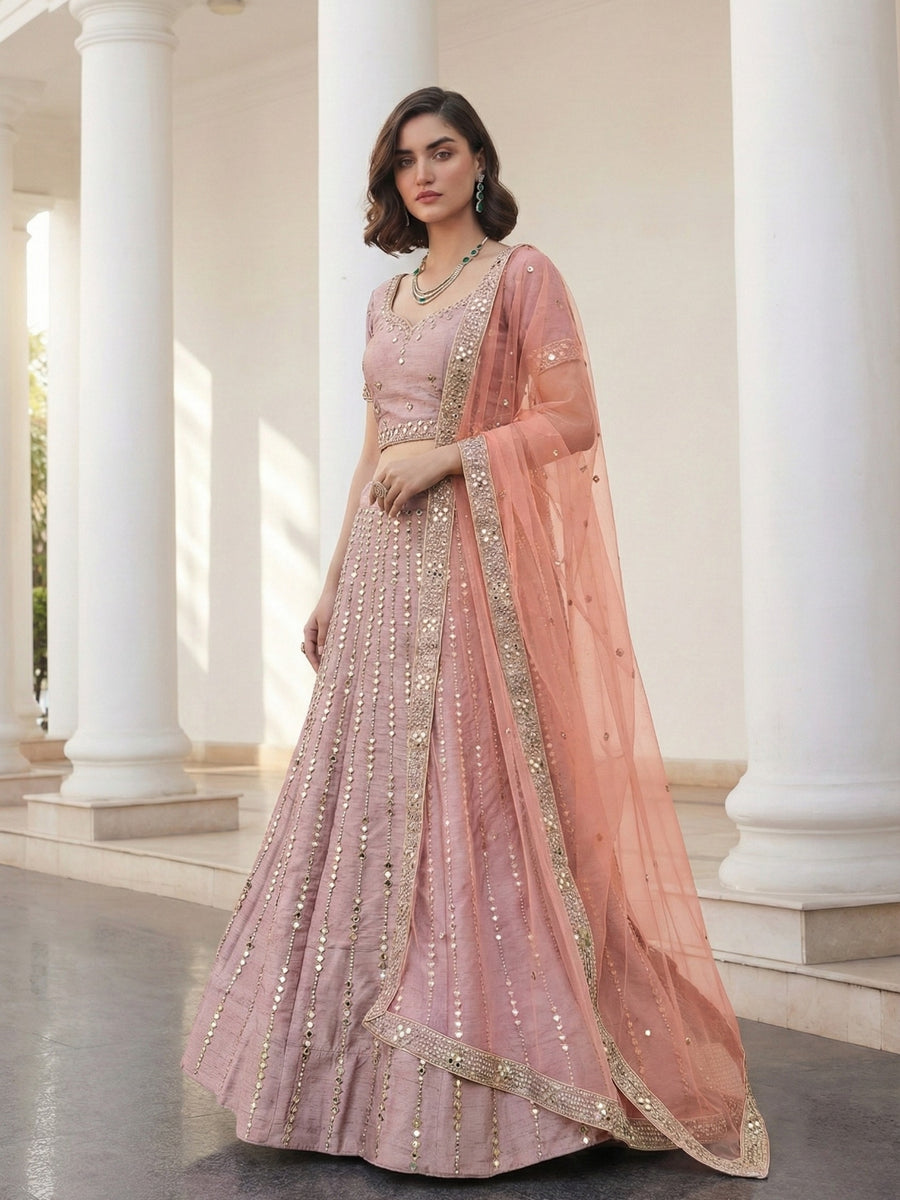 Blush Rose Mirror-Striped Lehenga Set