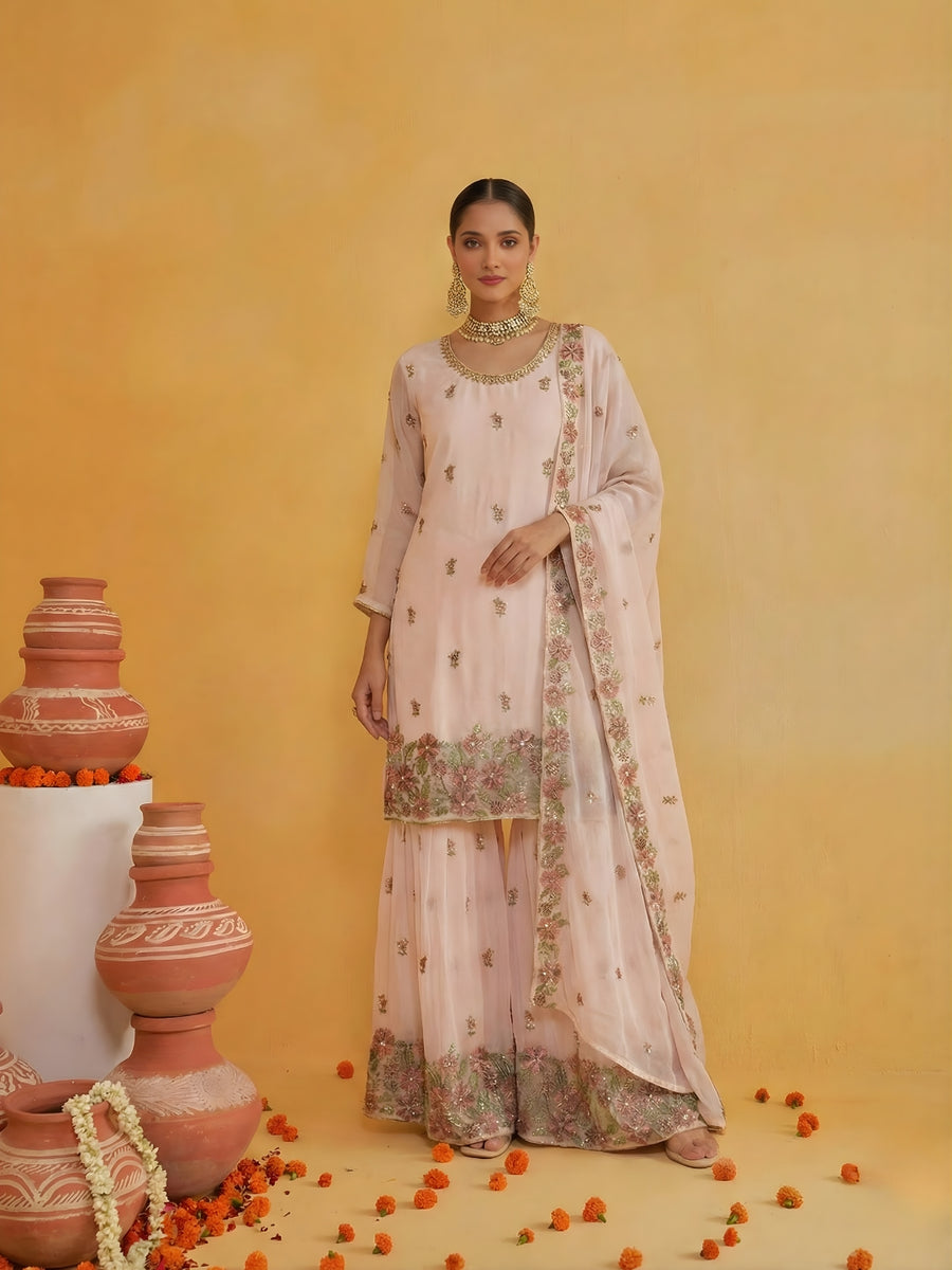 Peach Blossom Embroidered Georgette Sharara Set with Dupatta