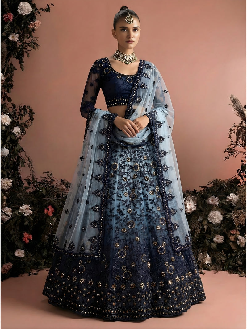 Alizeh Blue Shaded Net Embroidered Lehenga Choli
