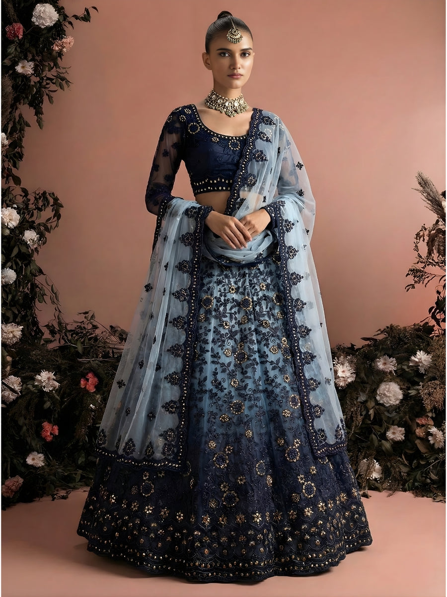 Alizeh Blue Shaded Net Embroidered Lehenga Choli