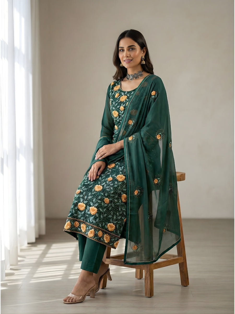 Alizeh Zaida Green Heavy Embroidered Georgette Palazzo Set