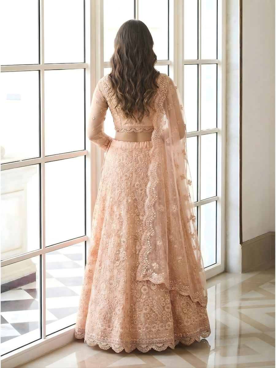 Peach Color Heavy Embroidered Net Lehenga Choli With Dupatta