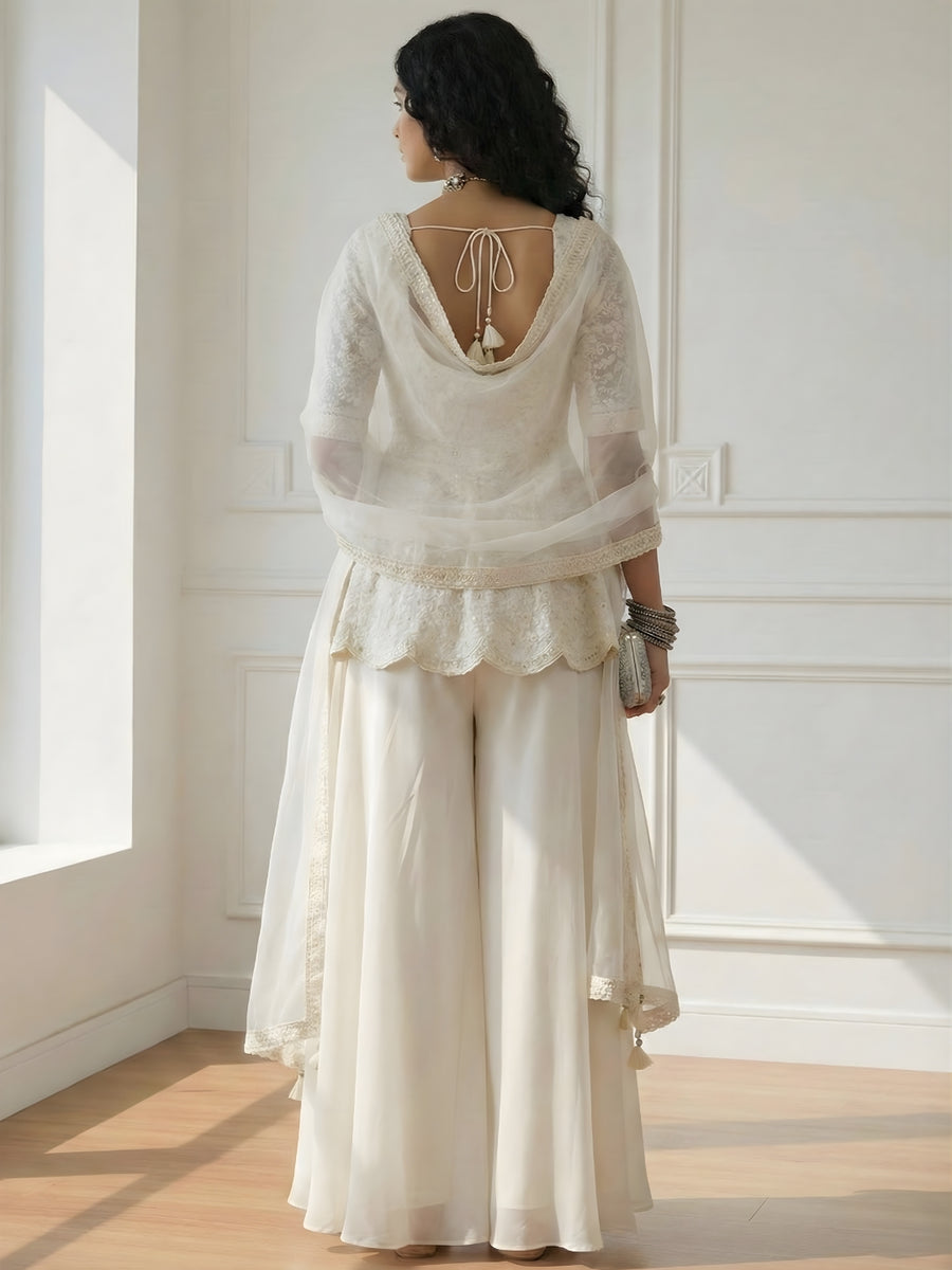 Off White Lucknowi Embroidered georgette Sharara Set