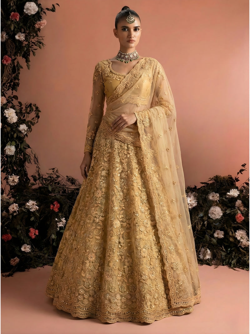 Golden Color Heavy Embroidered Net Lehenga Choli With Dupatta