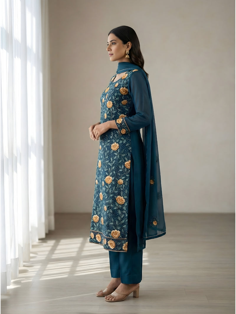 Alizeh Zaida Cerulean Blue Heavy Embroidered Georgette Palazzo Set