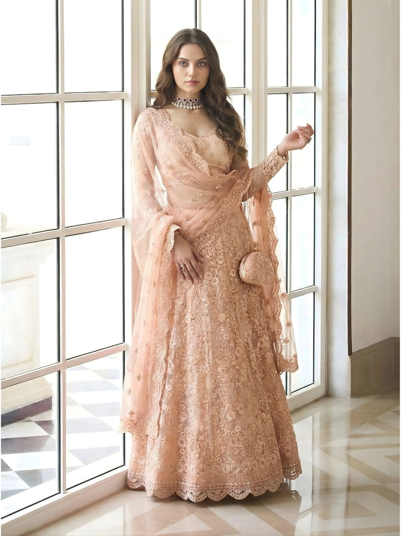 Peach Color Heavy Embroidered Net Lehenga Choli With Dupatta