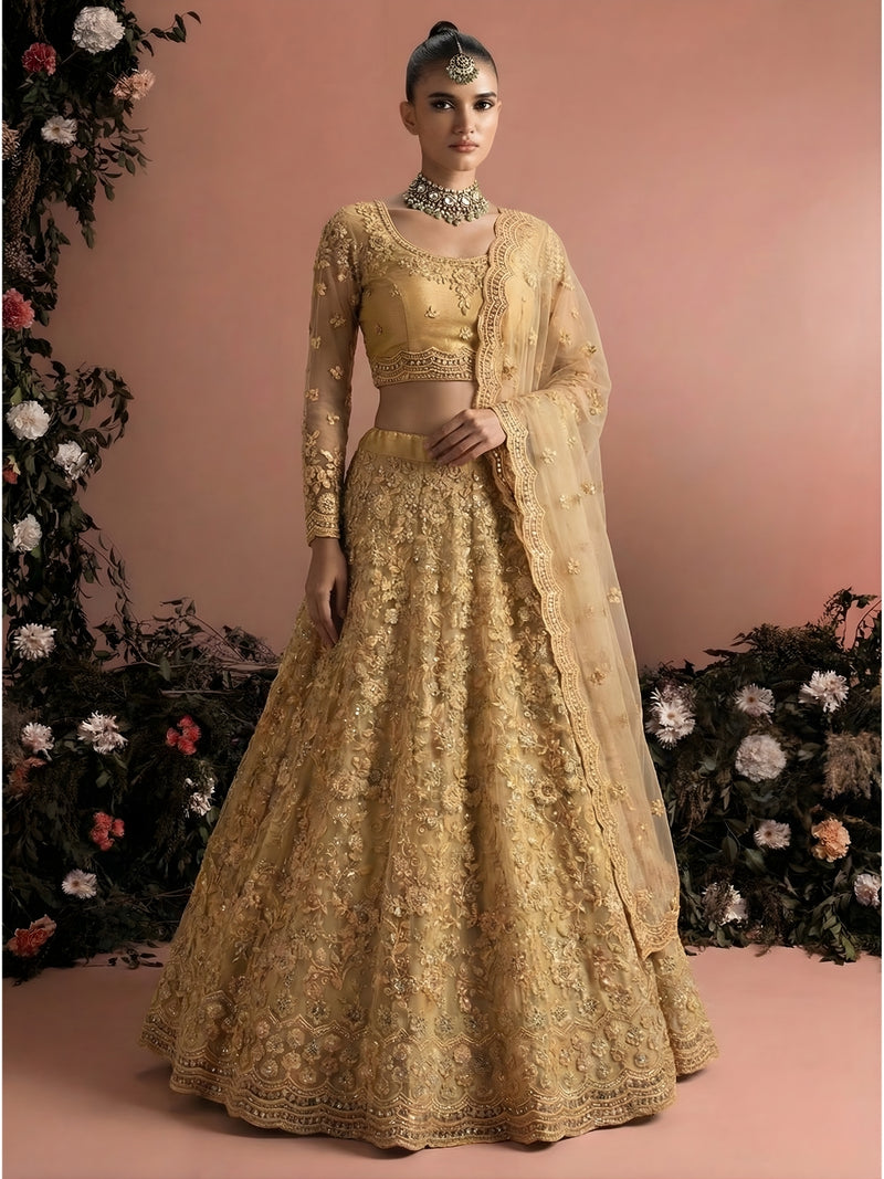 Golden Color Heavy Embroidered Net Lehenga Choli With Dupatta