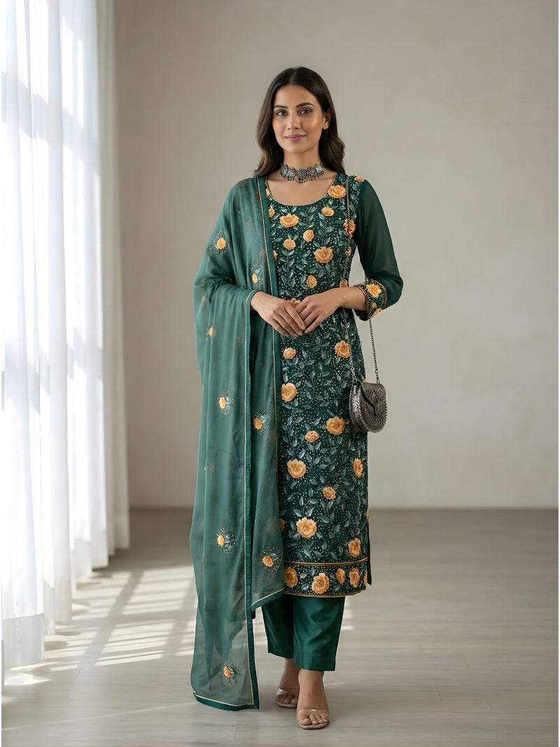 Alizeh Zaida Green Heavy Embroidered Georgette Palazzo Set