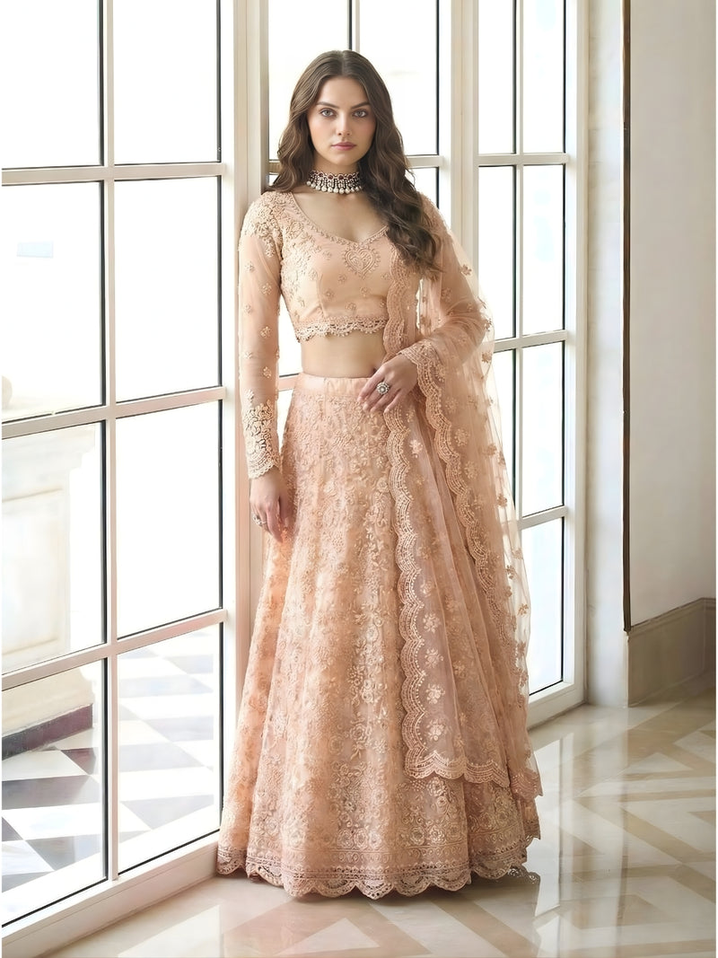 Peach Color Heavy Embroidered Net Lehenga Choli With Dupatta