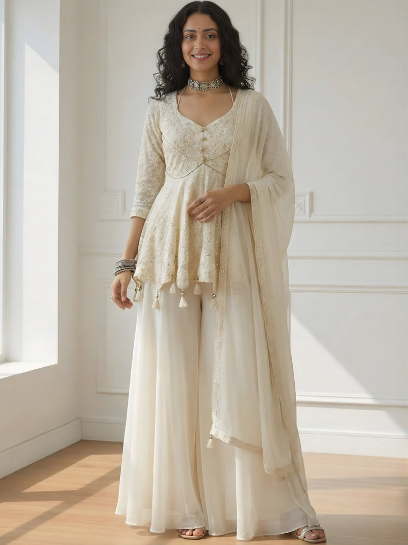 Off White Lucknowi Embroidered georgette Sharara Set