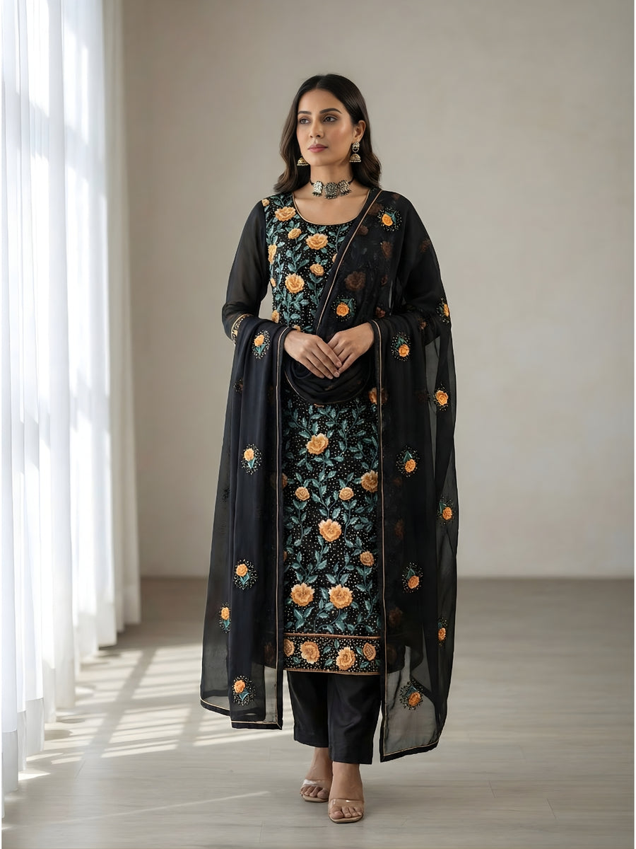 Alizeh Zaida Black Heavy Embroidered Georgette Palazzo Set