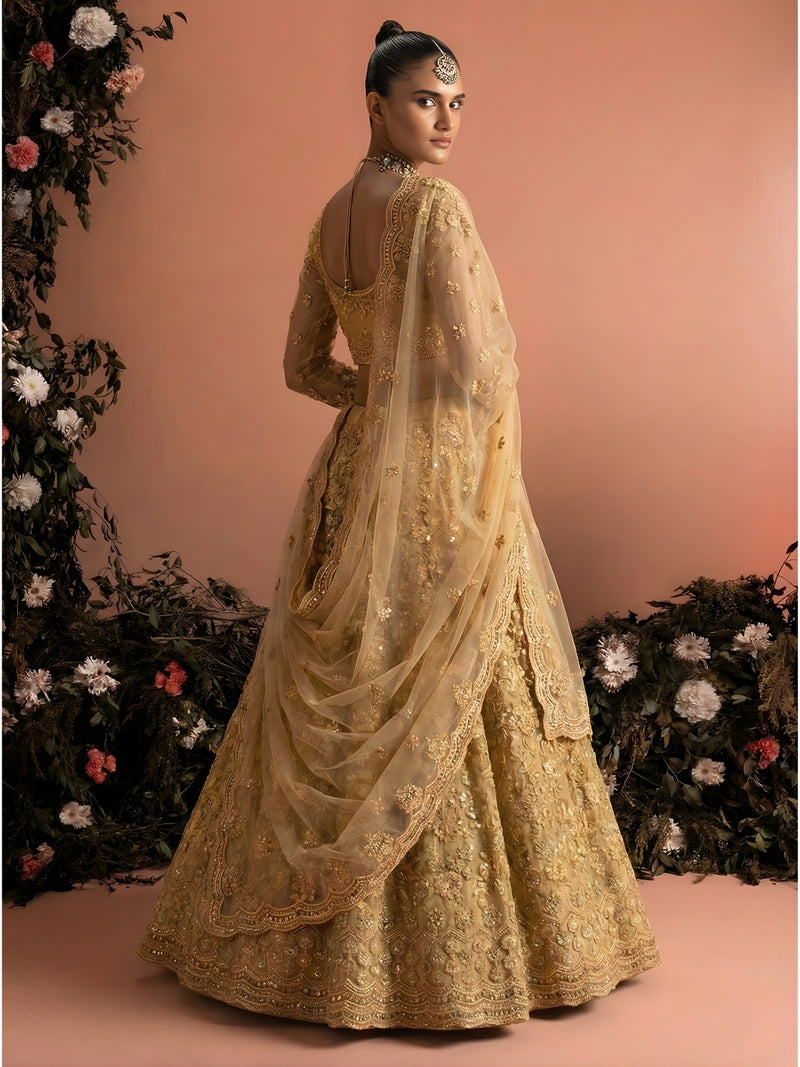 Golden Color Heavy Embroidered Net Lehenga Choli With Dupatta