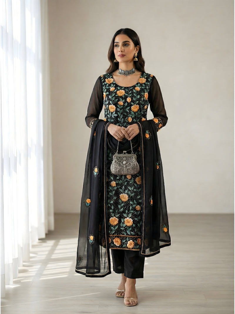 Alizeh Zaida Black Heavy Embroidered Georgette Palazzo Set