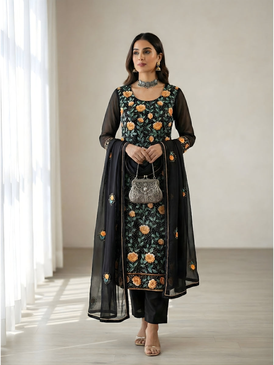 Alizeh Zaida Black Heavy Embroidered Georgette Palazzo Set