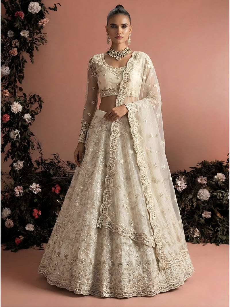 Ivory Color Heavy Embroidered Net Lehenga Choli With Dupatta