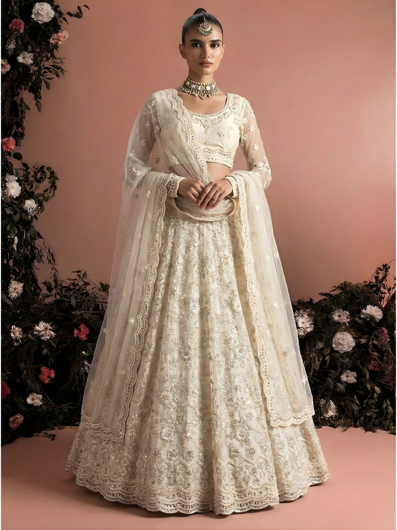 Ivory Color Heavy Embroidered Net Lehenga Choli With Dupatta