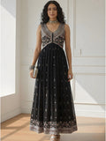 Black Multi Thread Embroidered Long Alia Cut Dress