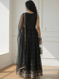 Black Multi Thread Embroidered Long Alia Cut Dress