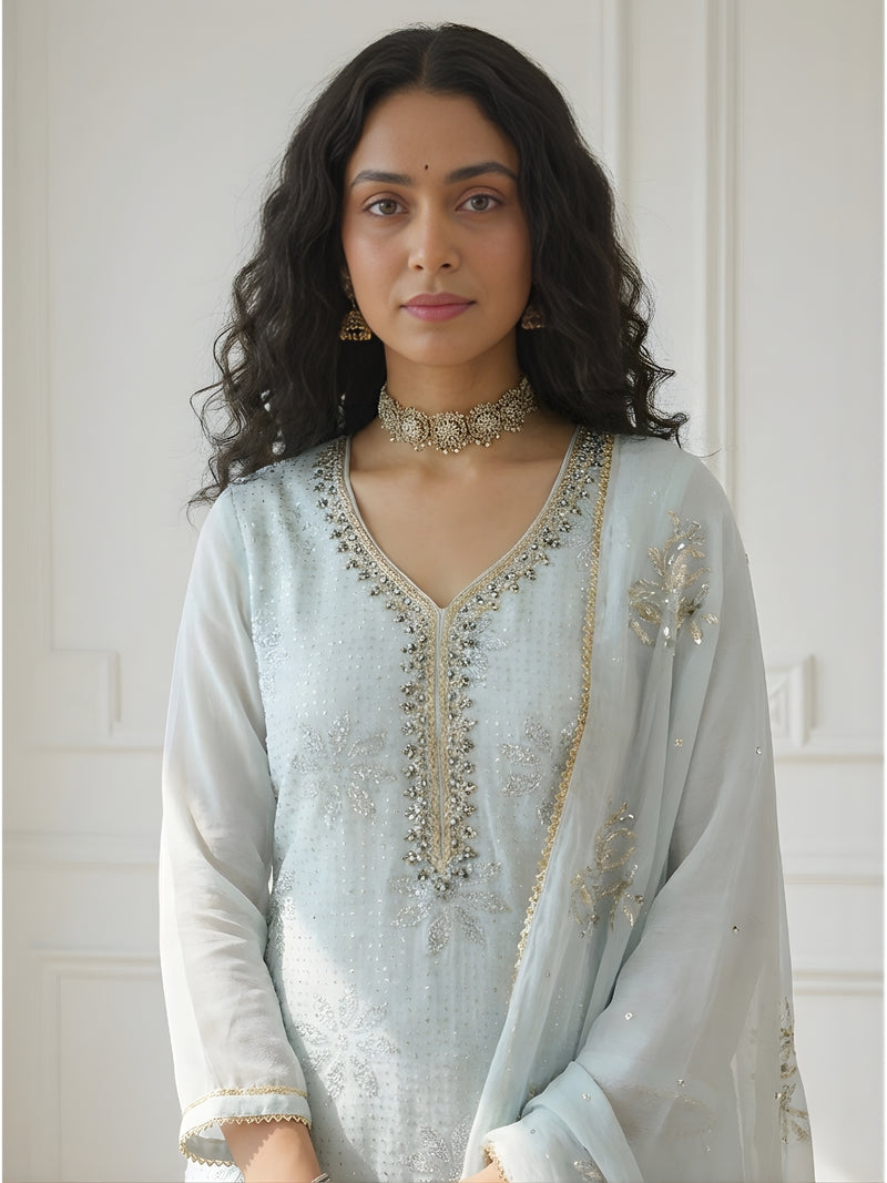 Alizeh Powder Blue Embroidered Pakistani Pant Set