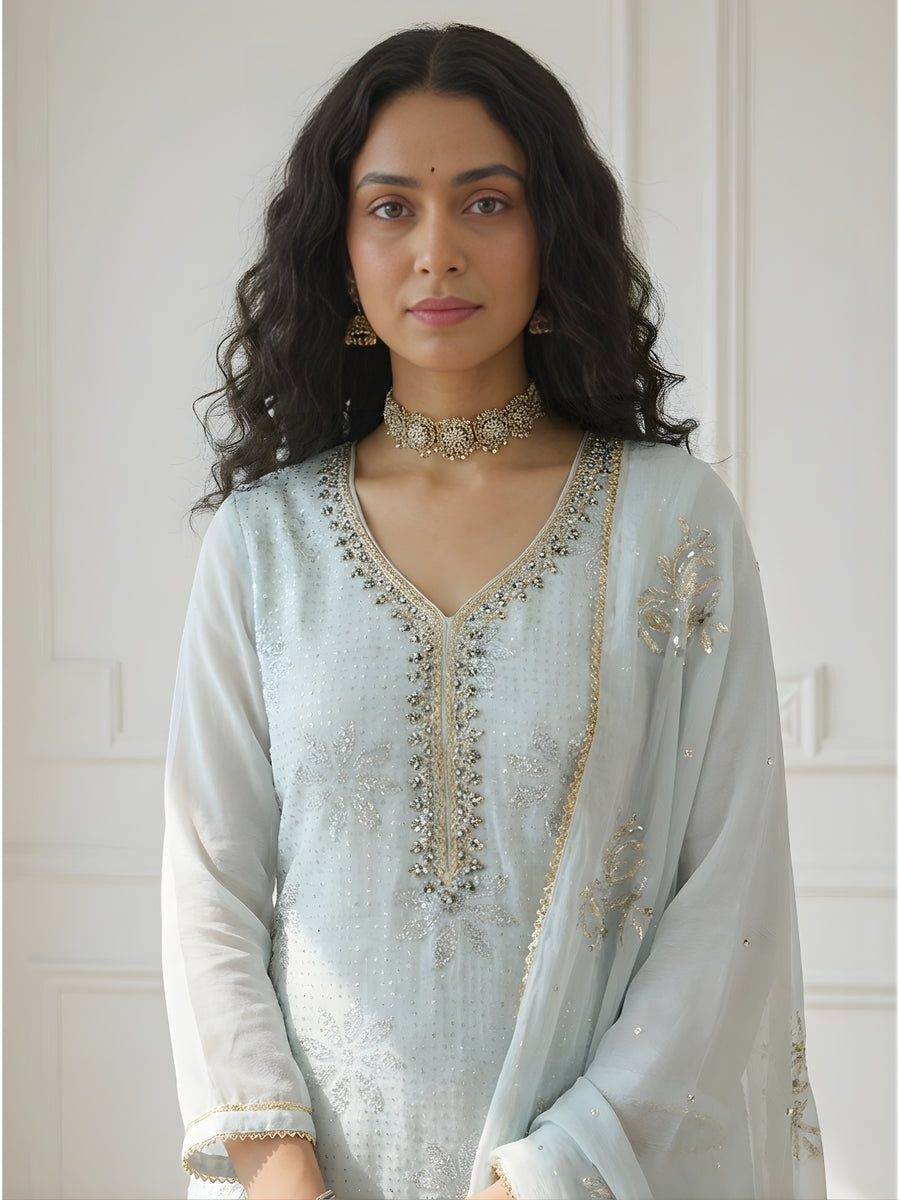 Alizeh Powder Blue Embroidered Pakistani Pant Set
