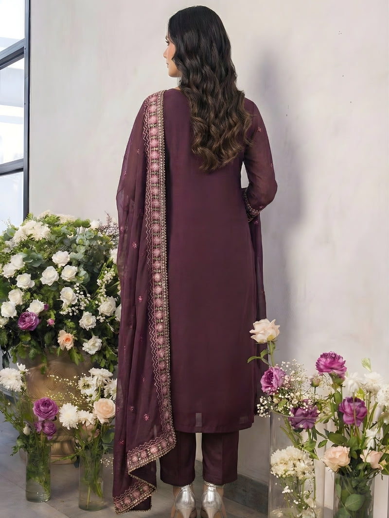 Wine Straight Embroidered Kurta Set