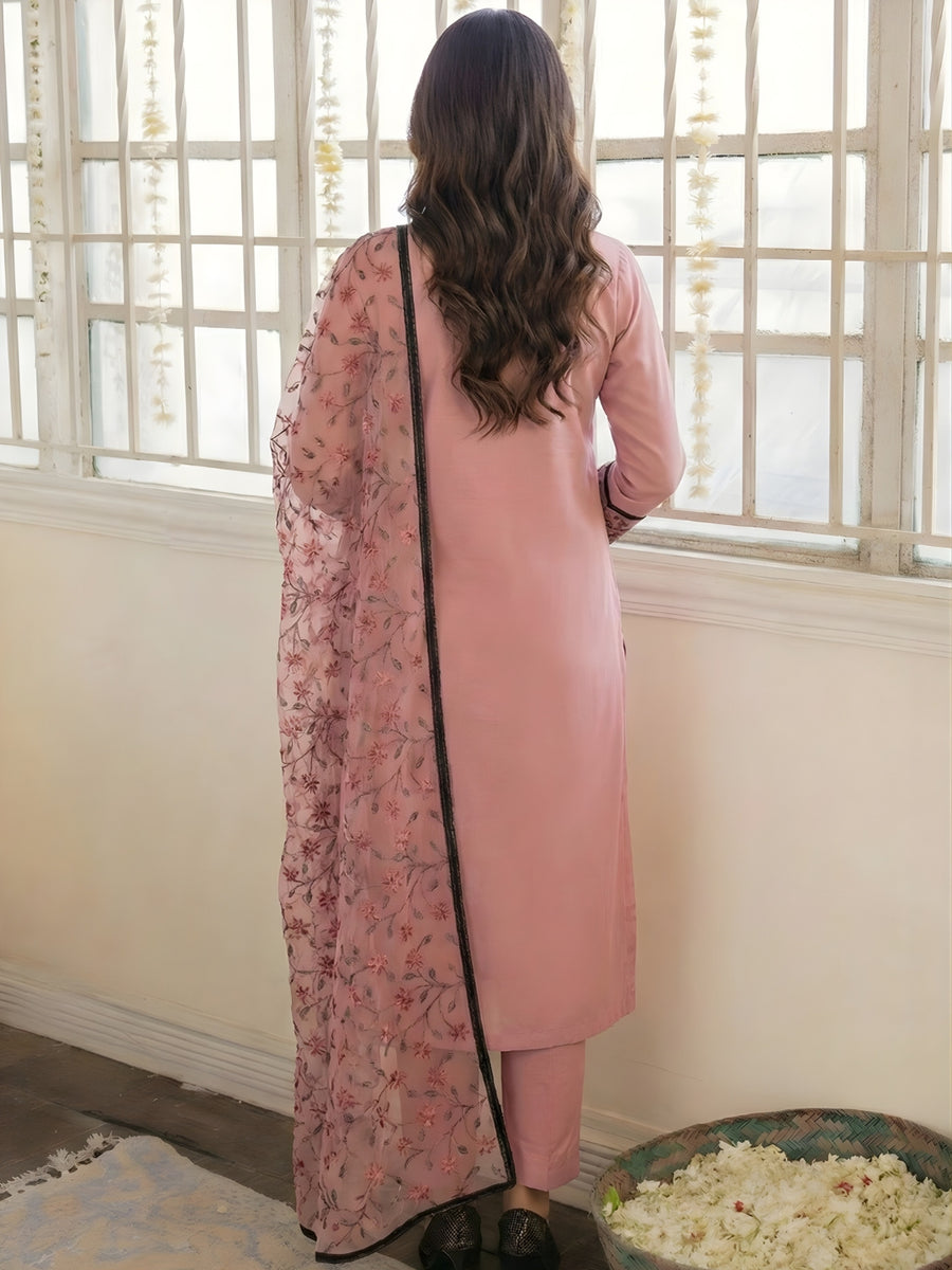 Dusty Rose Georgette Pant Suit with Multicolour Thread Embroidered Dupatta