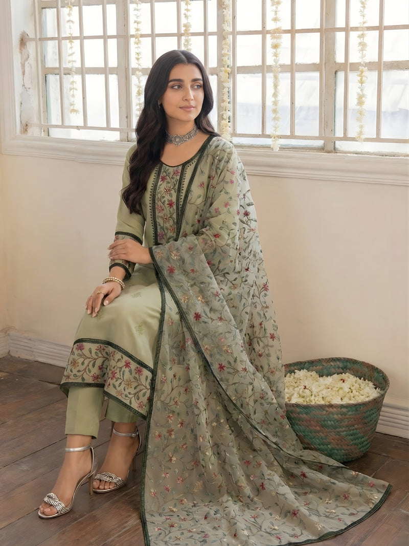 Sage Green Floral Embroidered Pant Style Kurta Set with Heavy Dupatta