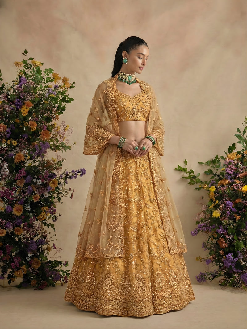 Rust Color Heavy Embroidered Lehenga Choli on Net