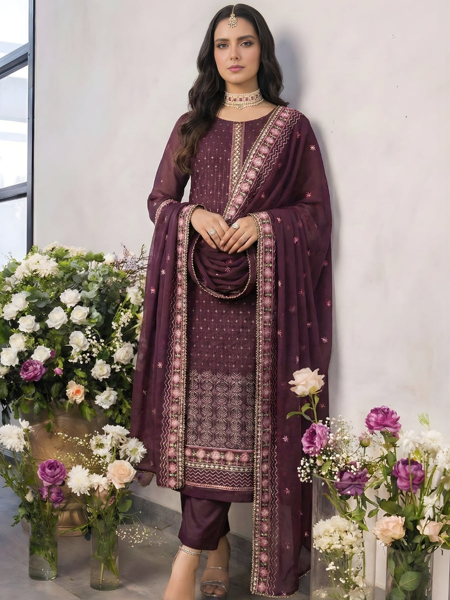 Wine Straight Embroidered Kurta Set