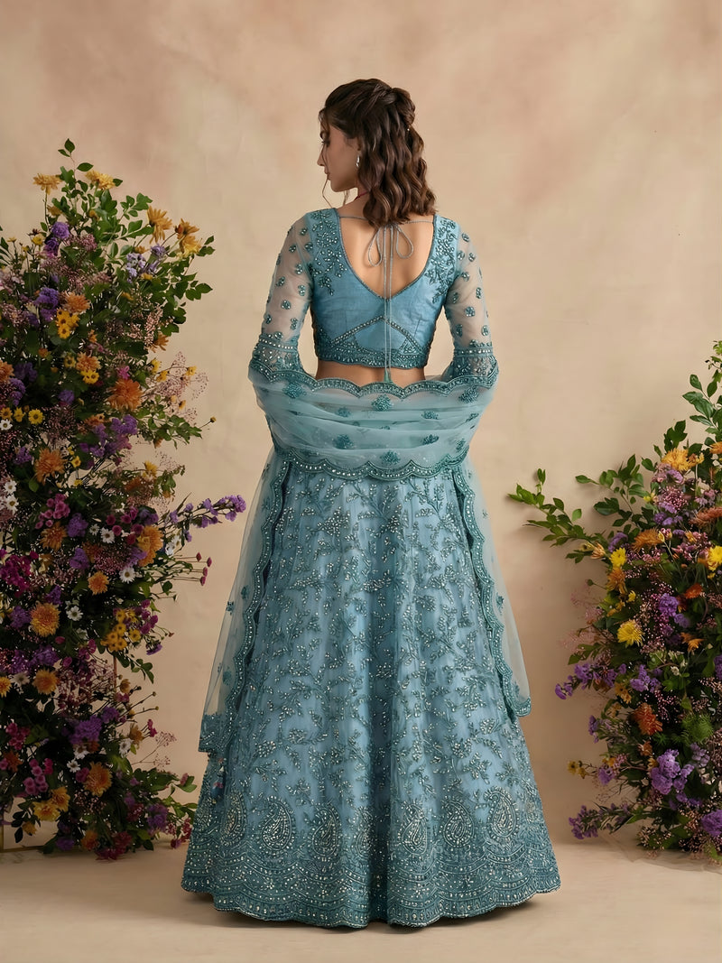 Sea Blue Color Heavy Embroidered Net Lehenga Choli With Dupatta