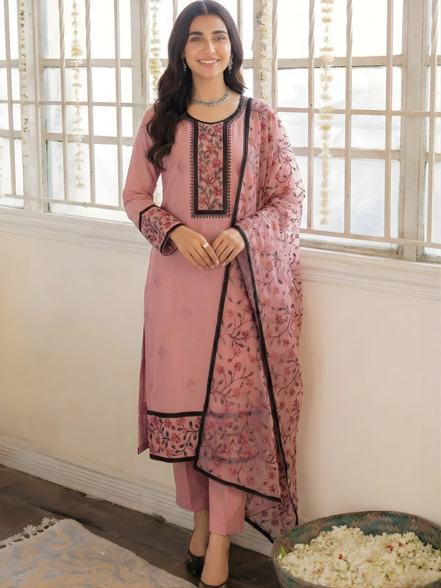 Dusty Rose Georgette Pant Suit with Multicolour Thread Embroidered Dupatta